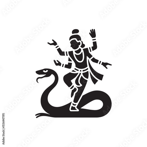 Silhouette of Hindu god, Sree Krishna Deity, Dancing on a Snake, Kalia Nag, Symbolizing Cultural Mythology
