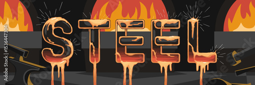 Molten metal forming the word "Steel" with sparks and furnaces – Ideal for metallurgy education, industrial branding, or heavy manufacturing content.
