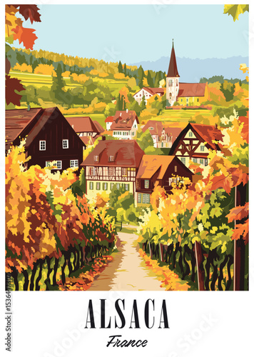Alsace, France Autumn Village Vector Illustration.