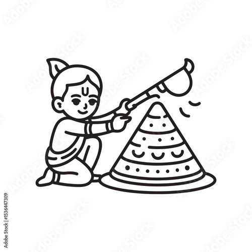 Traditional Line art Illustration Depicting Indian Culture with little Krishna and Ritual Sweets. Great for depicting cultural heritage, tradition, and festive customs in India.