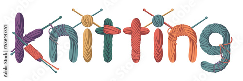Yarn typography with knitting needles on white – Ideal for fabric stores, hobby promotions, or cozy lifestyle content