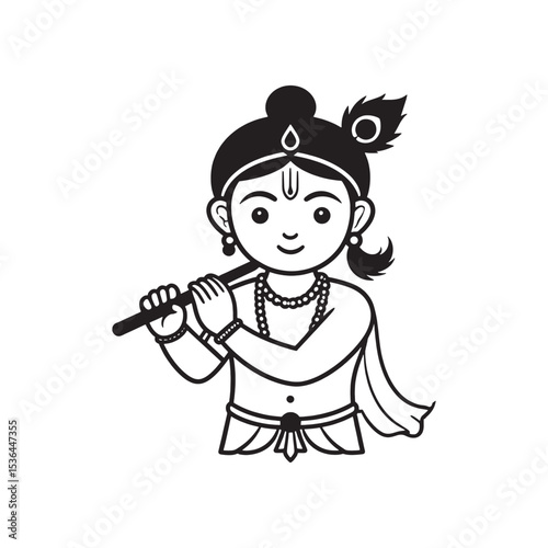 Black and white style illustration of Krishna playing flute with peacock feathers in indian traditional Hindu mythology , Flute Player, Hindu Deity, Line Art, Indian God, Spiritual, Divine, Peaceful
