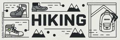 Bold “Hiking” text design with mountain gear and icons – Great for outdoor equipment ads, camping trip flyers, or travel-themed merchandise