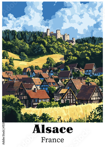 Alsace Village Vector Illustration, France Scenery.