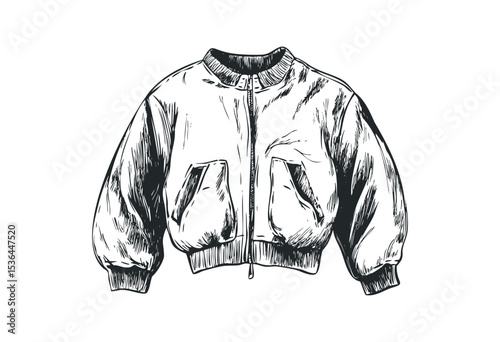 Hand-drawn bomber jacket illustration with zipper and pockets. Vector retro hand drawn illustration