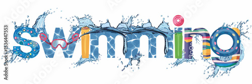 Swimming text with water splashes, goggles, and floaties – Perfect for pool party invitations, swim school branding, or summer fun graphics