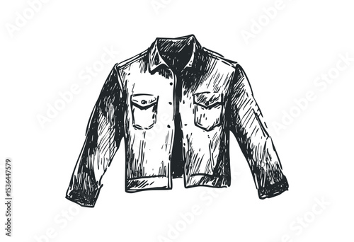 Sketch of a classic denim jacket with buttoned pockets. Vector retro hand drawn illustration