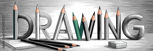 Pencil sketch illustration of the word “Drawing” with sketchpads, pencils, and eraser – Ideal for art education, creative workshops, or DIY drawing content