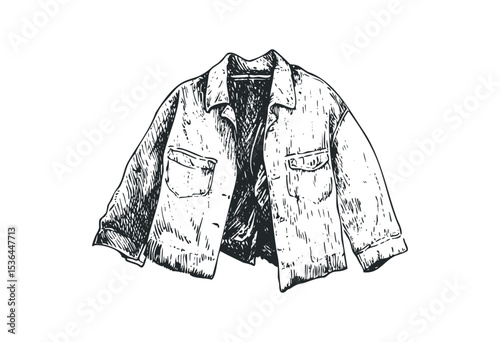 Line drawing of a denim jacket with pocket details. Vector retro hand drawn illustration