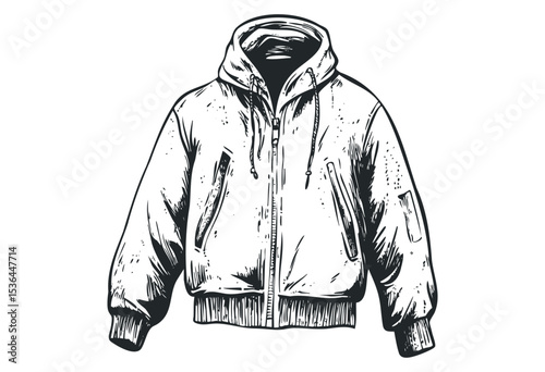Hand-drawn hoodie jacket illustration with zipper and pockets. Vector retro hand drawn illustration