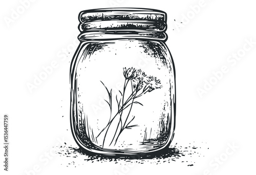 Vintage mason jar with delicate flowers inside. Vector retro hand drawn illustration