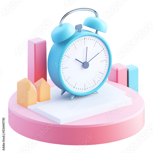 PNG 3D Render Alarm Clock on a Pastel Cityscape against transparent Background