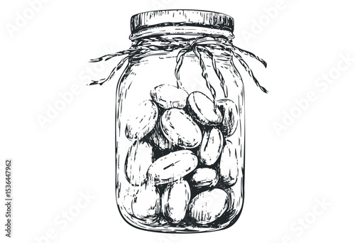 Hand-drawn mason jar filled with coffee beans in sketch style. Vector retro hand drawn illustration