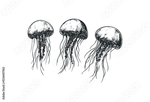 Detailed illustration of three floating jellyfish. Vector retro hand drawn illustration