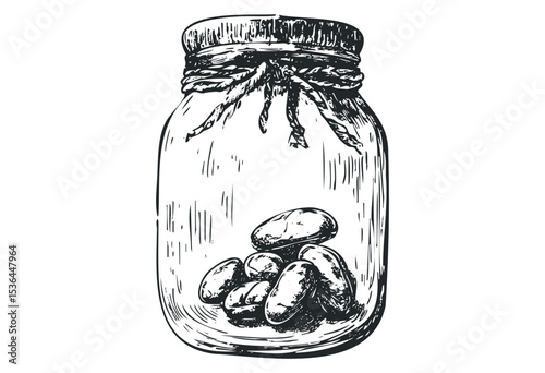 Vintage glass jar with pebbles and twine detail. Vector retro hand drawn illustration