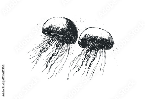 Detailed illustration of two jellyfish with tentacles in underwater marine life scene. Vector retro hand drawn illustration