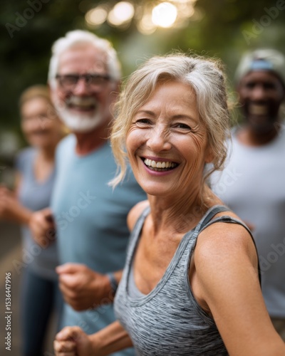 Senior adults are jogging together in a community park.