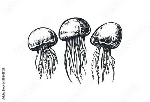 Artistic illustration of three jellyfish with tentacles. Vector retro hand drawn illustration