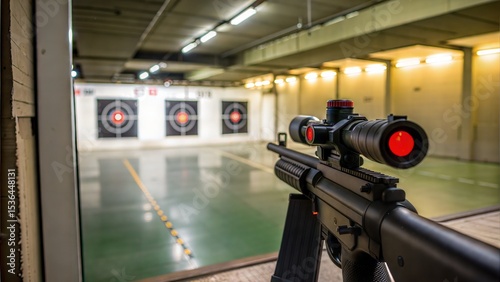 Rifle scope red dot target view at shooting range photo