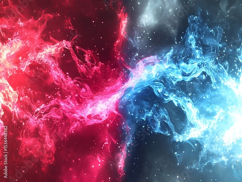 Digital aurora fireburst in cherry red and ice blue with cybernetic motion