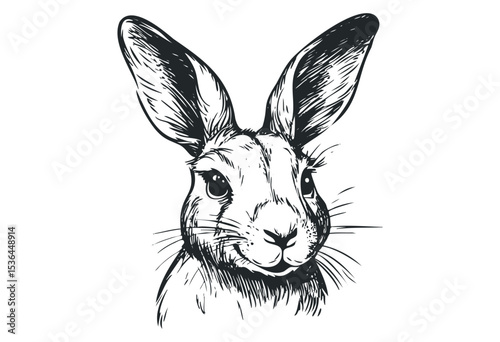 Intricate pen drawing of rabbit with detailed fur and expressive eyes. Vector retro hand drawn illustration