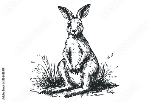 Illustration of a kangaroo standing among grass in black and white. Vector retro hand drawn illustration