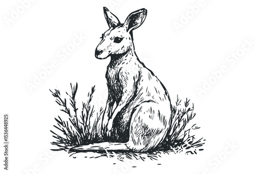 Hand-drawn kangaroo sketch with grass in vintage style. Vector retro hand drawn illustration