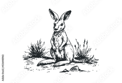 Detailed sketch of a sitting kangaroo with bushes. Vector retro hand drawn illustration