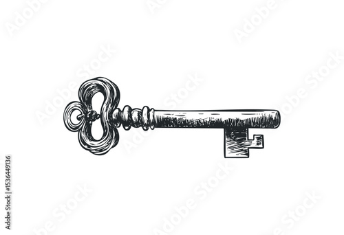 Vintage skeleton key with ornate design. Vector retro hand drawn illustration