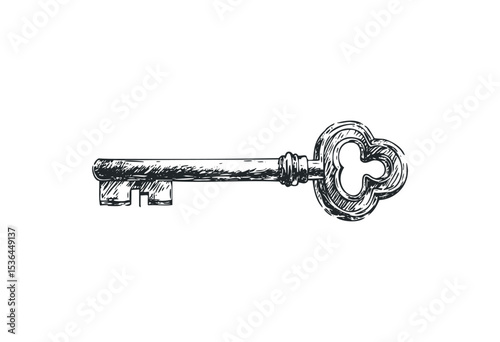 Vintage skeleton key with intricate bow design. Vector retro hand drawn illustration