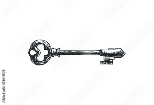 Vintage skeleton key illustration with ornate details and crossbar. Vector retro hand drawn illustration
