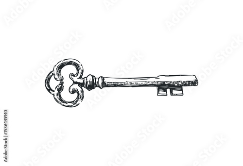Vintage skeleton key illustration with ornate design. Vector retro hand drawn illustration