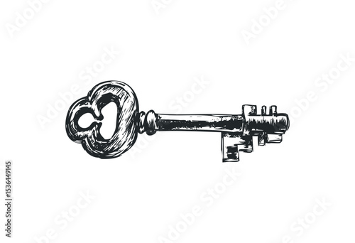 Vintage skeleton key illustration in black and white. Vector retro hand drawn illustration