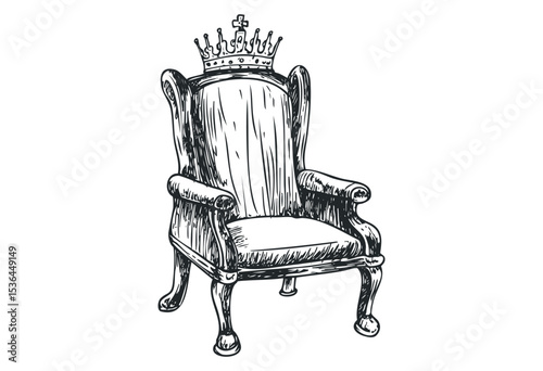 Ornate throne with crown illustration in vintage style. Vector retro hand drawn illustration