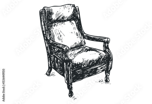 Vintage wooden armchair sketch with upholstery detailing. Vector retro hand drawn illustration