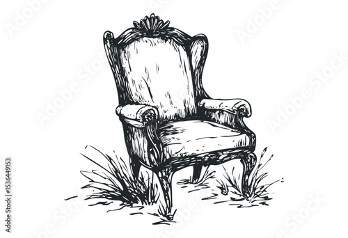 Vintage ornate armchair sketch with floral accents. Vector retro hand drawn illustration