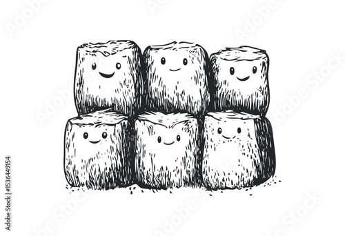 Smiling cartoon marshmallows with cute faces and happy expressions. Vector retro hand drawn illustration