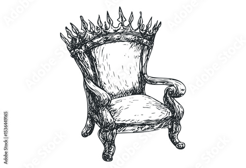 Hand-drawn throne chair with ornate crown design. Vector retro hand drawn illustration