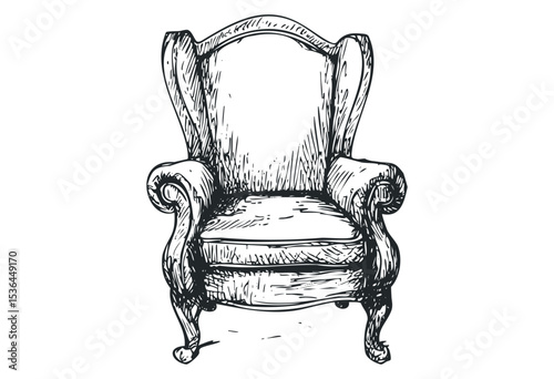 Detailed hand-drawn sketch of a vintage armchair with curved legs. Vector retro hand drawn illustration