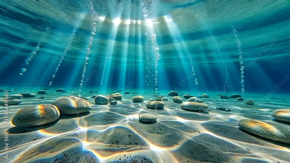 Underwater scene showcasing sun rays illuminating a sandy ocean floor with smooth stones