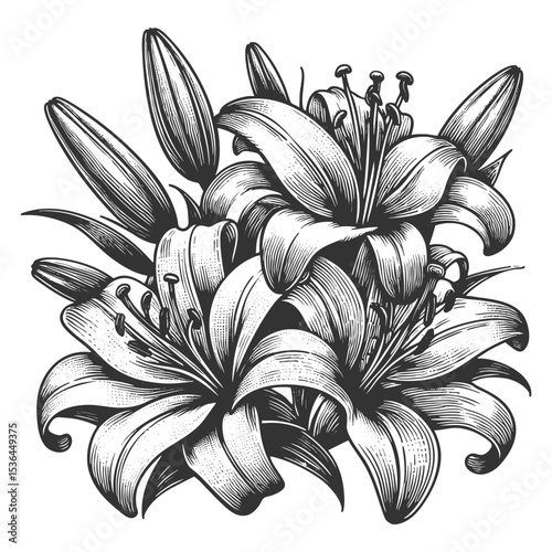 Lily Flower sketch engraving generative ai fictional character vector illustration. Scratch board imitation. Black and white image.