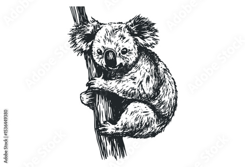 Hand-drawn koala clinging to tree illustration. Vector retro hand drawn illustration