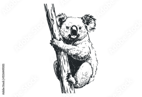 Detailed black and white illustration of a koala climbing a tree. Vector retro hand drawn illustration