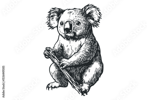 Detailed monochrome illustration of koala holding a branch. Vector retro hand drawn illustration