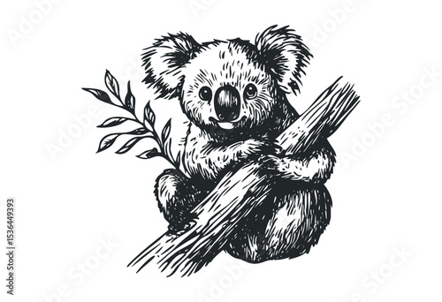 Detailed ink drawing of a koala on a branch with leaves. Vector retro hand drawn illustration