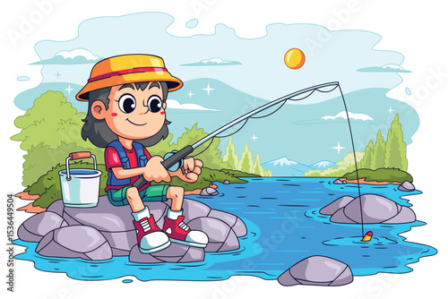 A Little Girl Fishing on a Sunny Day