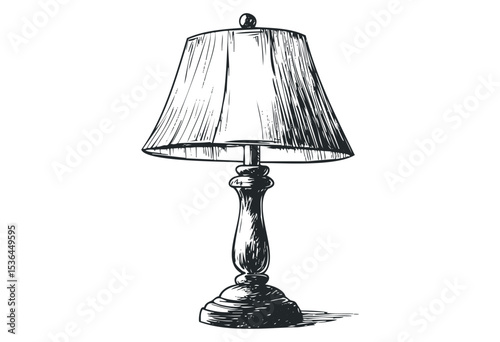 Hand-drawn sketch of a classic table lamp with detailed shade and base. Vector retro hand drawn illustration
