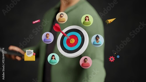 Targeting customers, CRM, customer relationship management, sales generation, focused marketing strategies, KYC. Businessman touching bullseye with target customers on virtual screen. 4K 3D animation