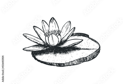 Detailed sketch of water lily flower and pad in black and white. Vector retro hand drawn illustration