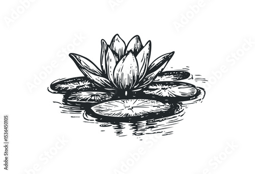 Hand-drawn water lily with leaves illustration in black and white. Vector retro hand drawn illustration